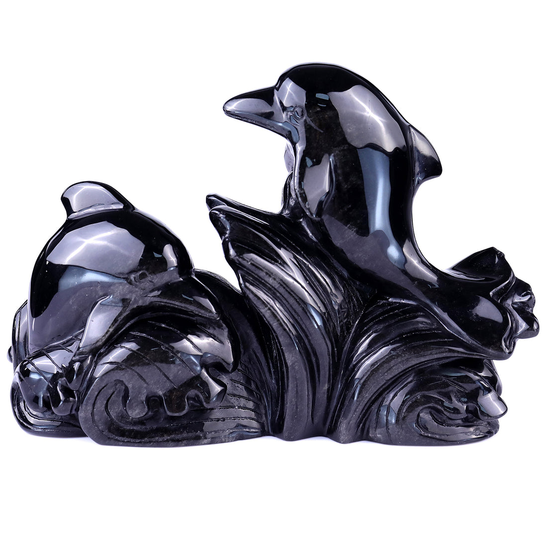 8.5" Black Obsidian Hand Carved Crystal Dolphins Sculpture crysvibe