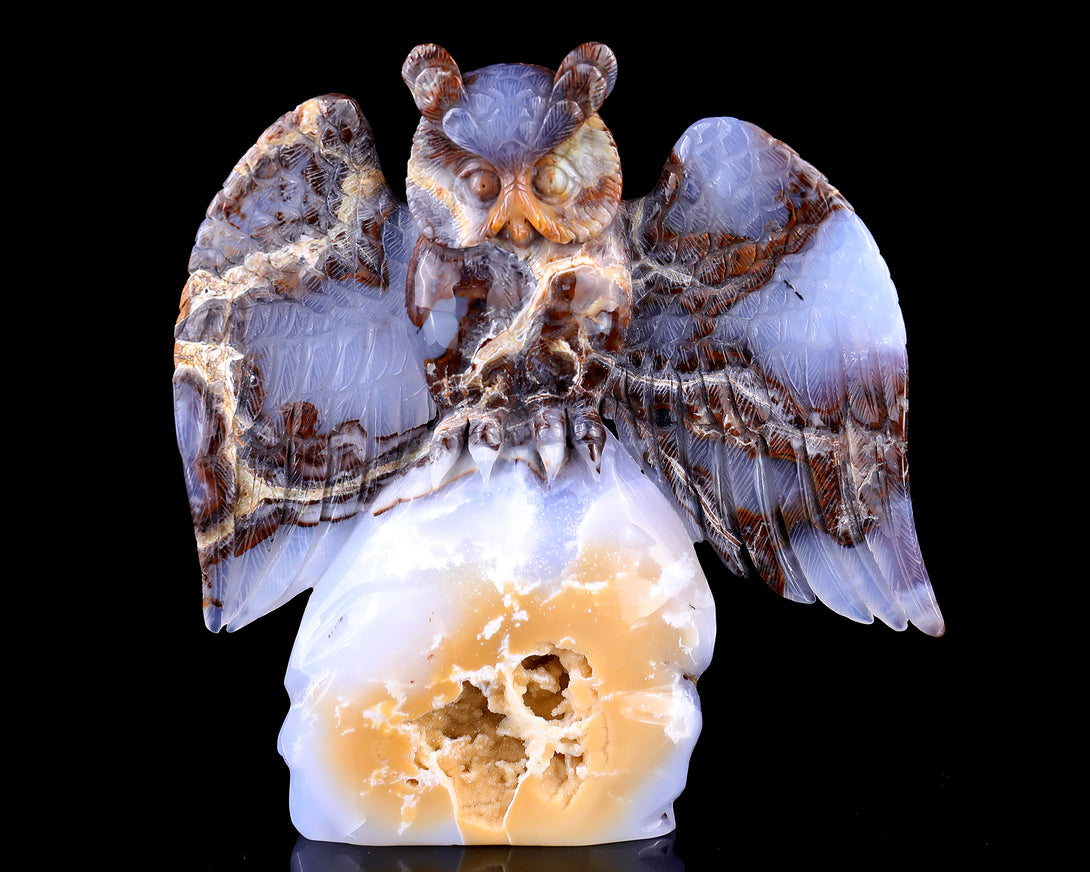 8.7" Blue Chalcedony Hand Carved Crystal Owl Sculpture crysvibe