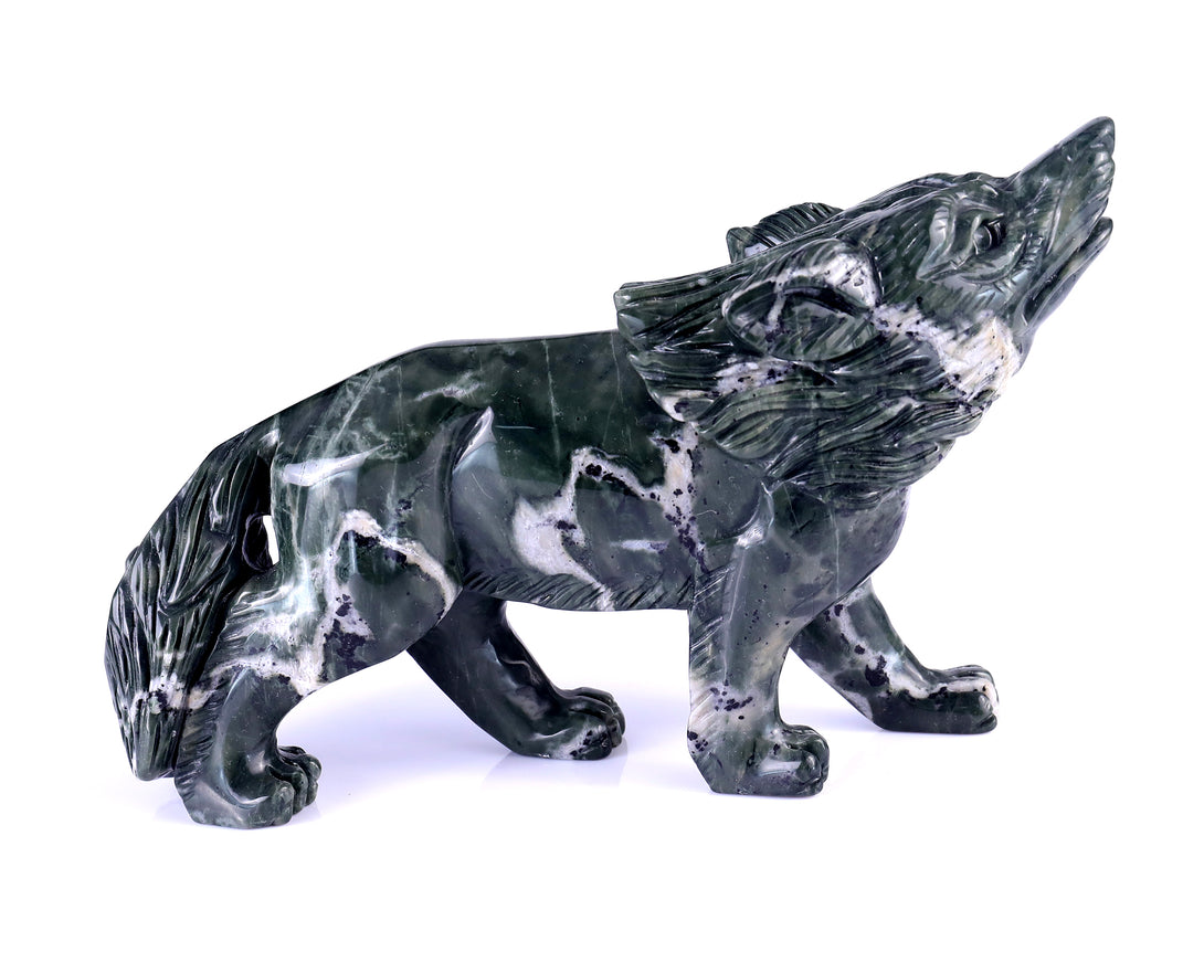 8.7" Jiulong Jade Hand Carved Crystal Wolf Sculpture crysvibe