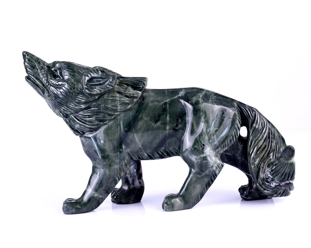 8.7" Jiulong Jade Hand Carved Crystal Wolf Sculpture crysvibe