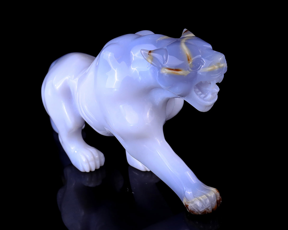 9.3" Blue Chalcedony Hand Carved Crystal Tiger Sculpture crysvibe