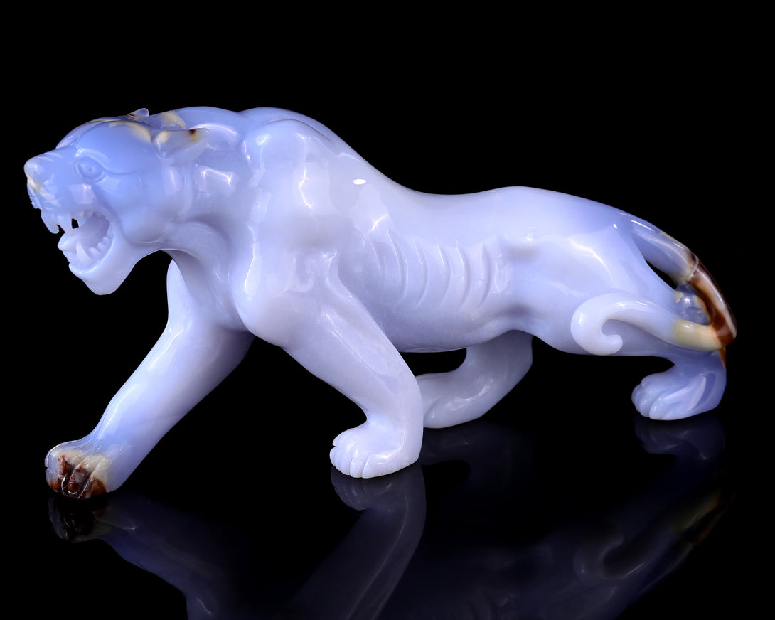 9.3" Blue Chalcedony Hand Carved Crystal Tiger Sculpture crysvibe