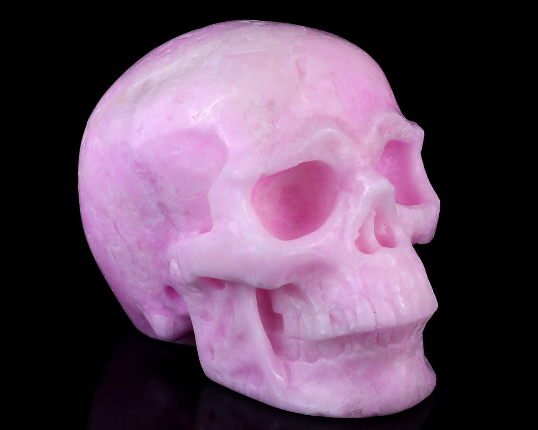 9.4" Pink Aragonite Hand Carved Crystal Realistic Skull Sculpture crysvibe