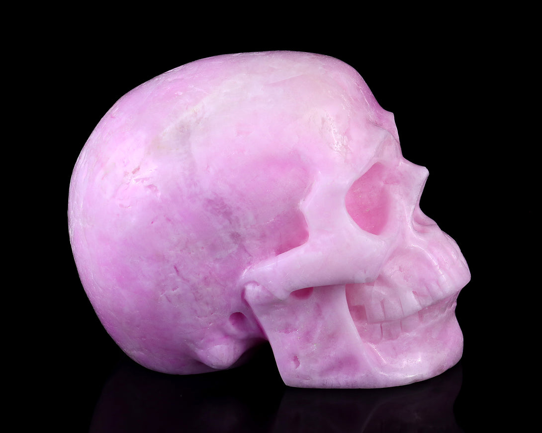 9.4" Pink Aragonite Hand Carved Crystal Realistic Skull Sculpture crysvibe