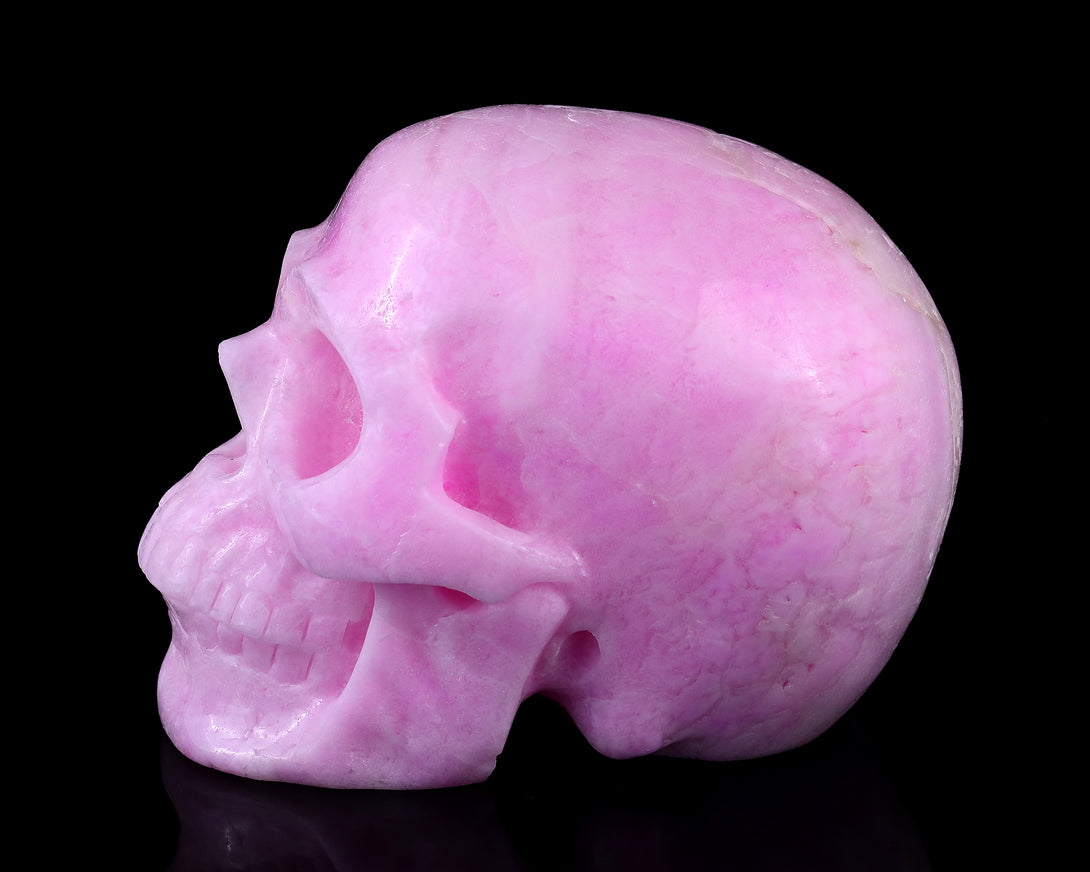 9.4" Pink Aragonite Hand Carved Crystal Realistic Skull Sculpture crysvibe