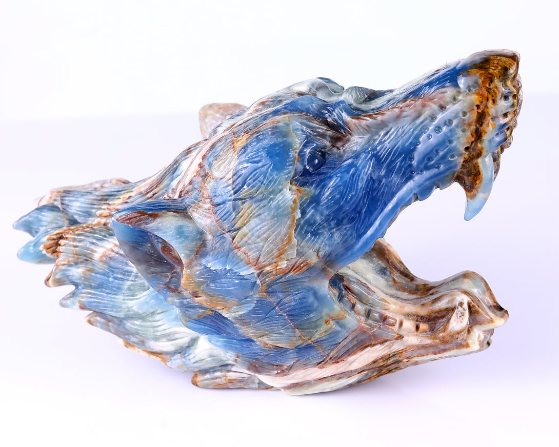 9.8" Blue Onyx Hand Carved Crystal Wolf Head Sculpture crysvibe