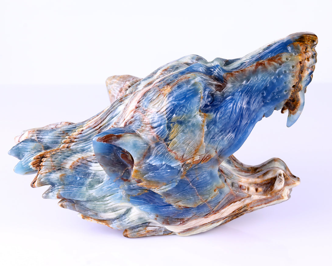 9.8" Blue Onyx Hand Carved Crystal Wolf Head Sculpture crysvibe