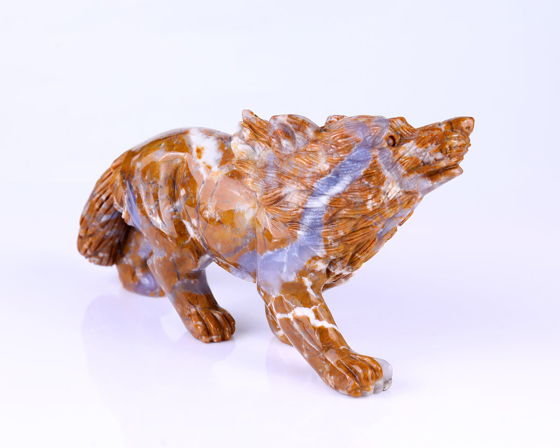 9.8" Chalcedony Hand Carved Crystal Wolf Sculpture crysvibe