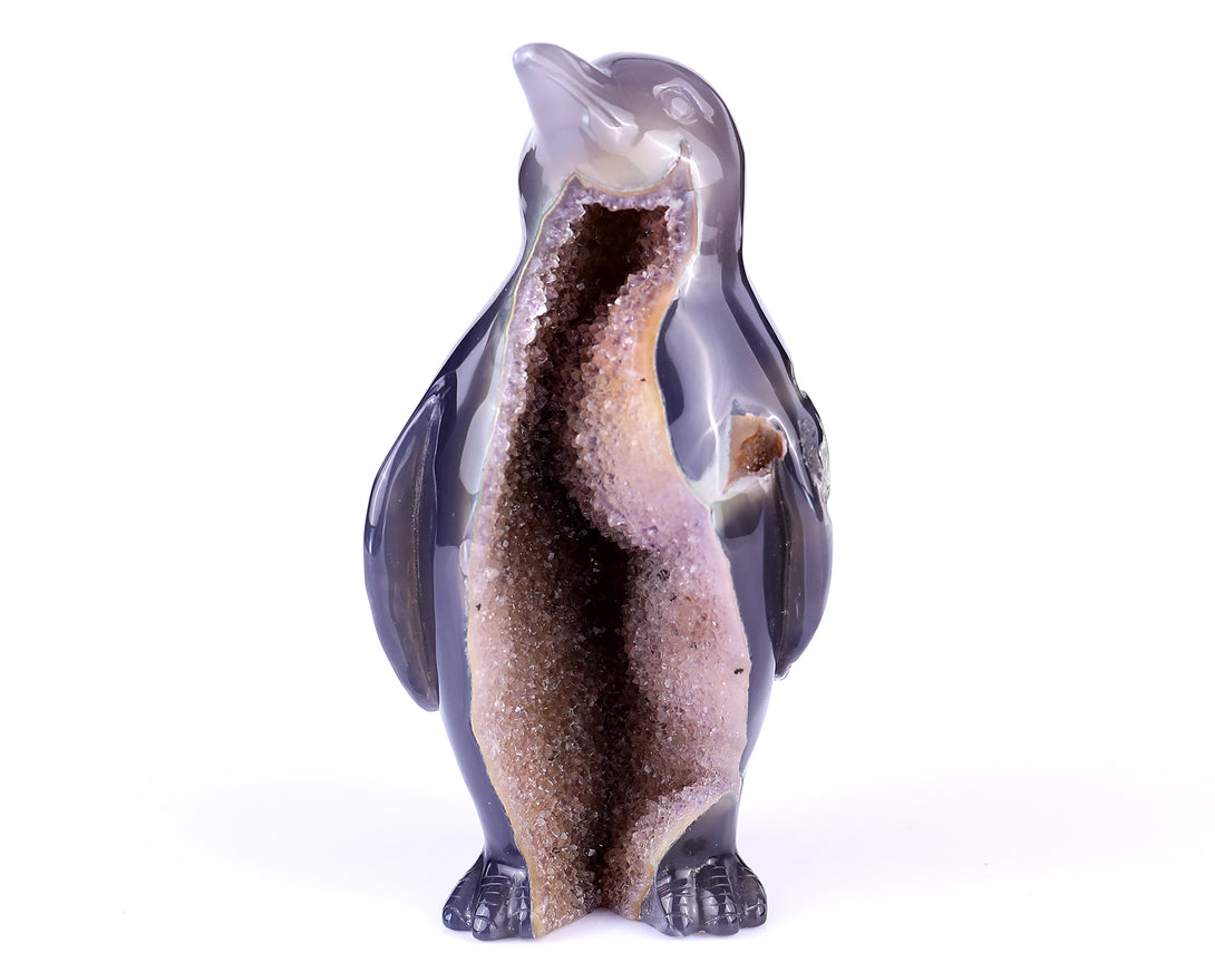 Amazing 4.9" Geode Agate Hand Carved Crystal Penguin Sculpture crysvibe