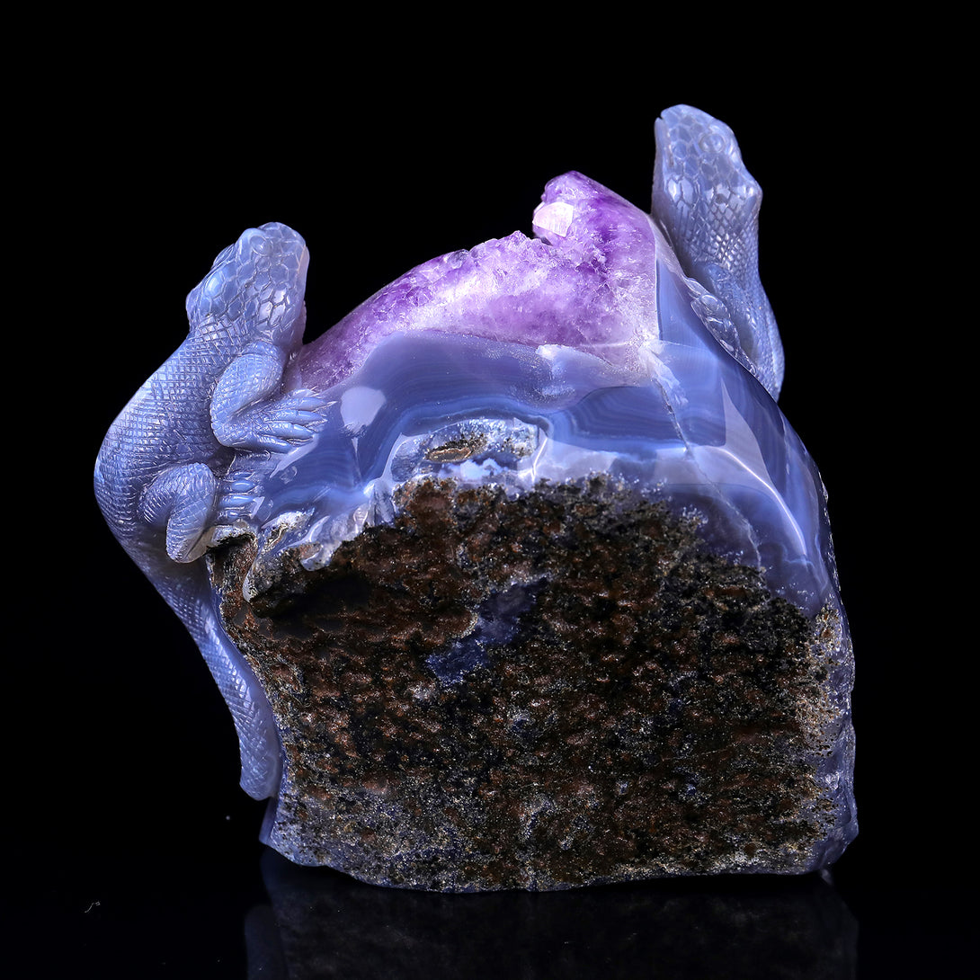 Amazing 5.1" Amethyst Geode Agate Hand Carved Crystal Lizard Sculpture crysvibe