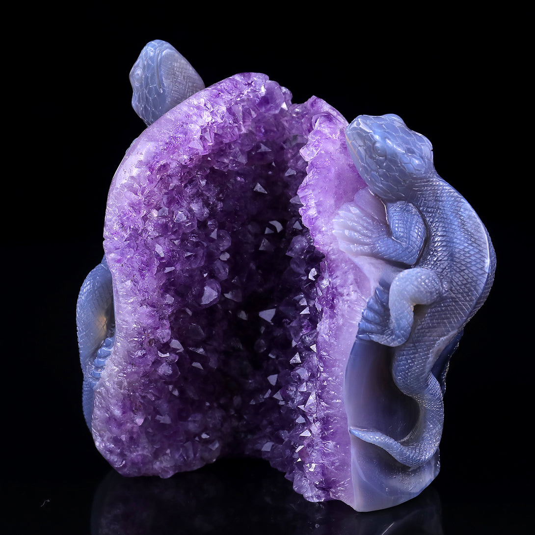 Amazing 5.1" Amethyst Geode Agate Hand Carved Crystal Lizard Sculpture crysvibe