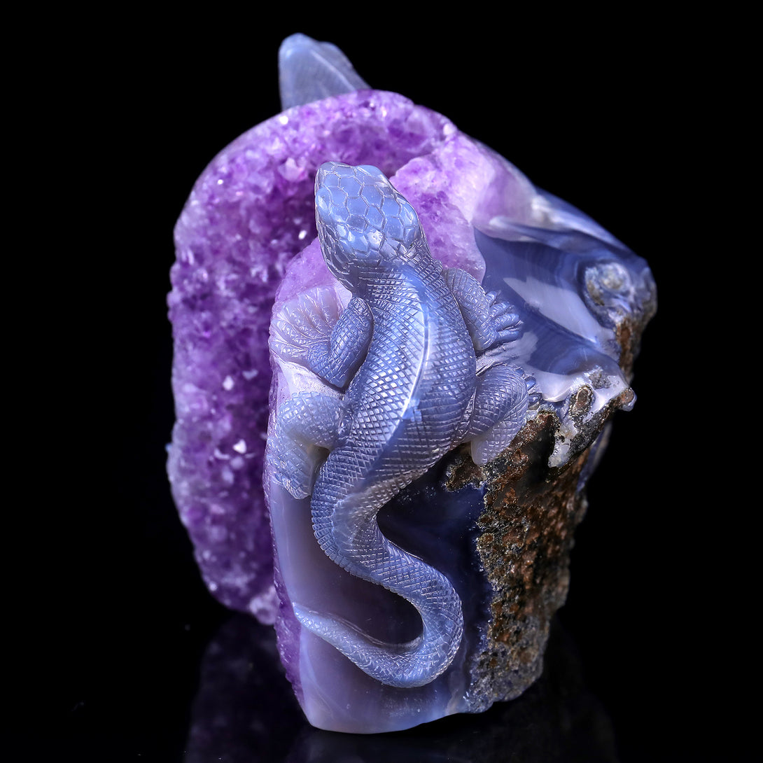 Amazing 5.1" Amethyst Geode Agate Hand Carved Crystal Lizard Sculpture crysvibe