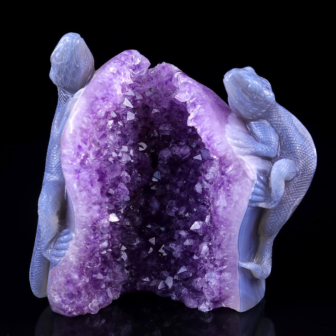 Amazing 5.1" Amethyst Geode Agate Hand Carved Crystal Lizard Sculpture crysvibe