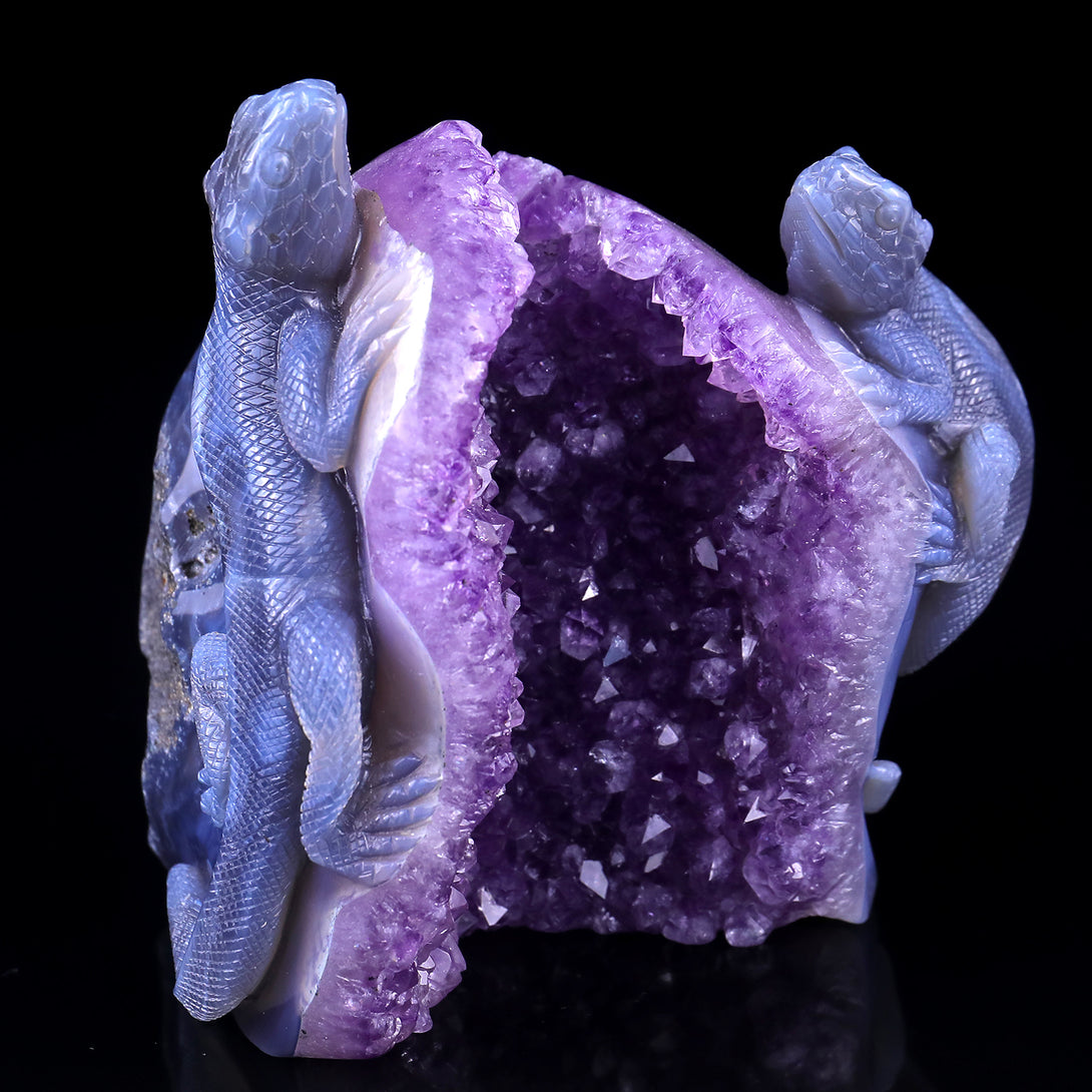 Amazing 5.1" Amethyst Geode Agate Hand Carved Crystal Lizard Sculpture crysvibe