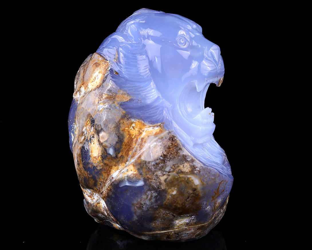 Amazing 6.7" Blue Chalcedony Hand Carved Crystal Lion Head Sculpture crysvibe