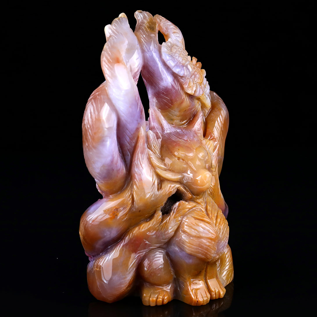 Amazing 7.1" Chalcedony Hand Carved Crystal Nine-tail Foxes Sculpture crysvibe