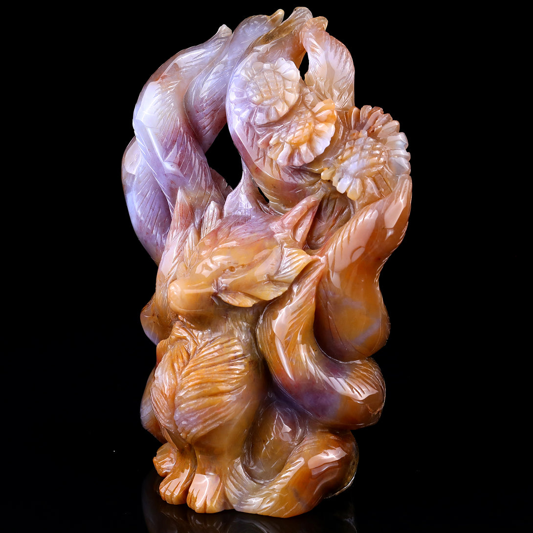 Amazing 7.1" Chalcedony Hand Carved Crystal Nine-tail Foxes Sculpture crysvibe