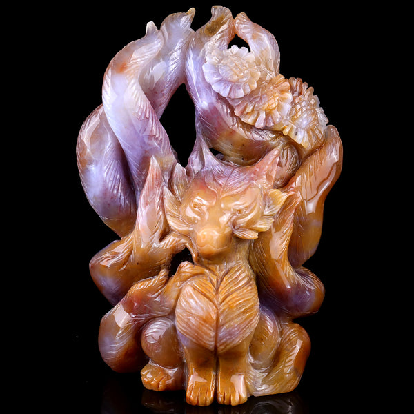 Amazing 7.1" Chalcedony Hand Carved Crystal Nine-tail Foxes Sculpture crysvibe