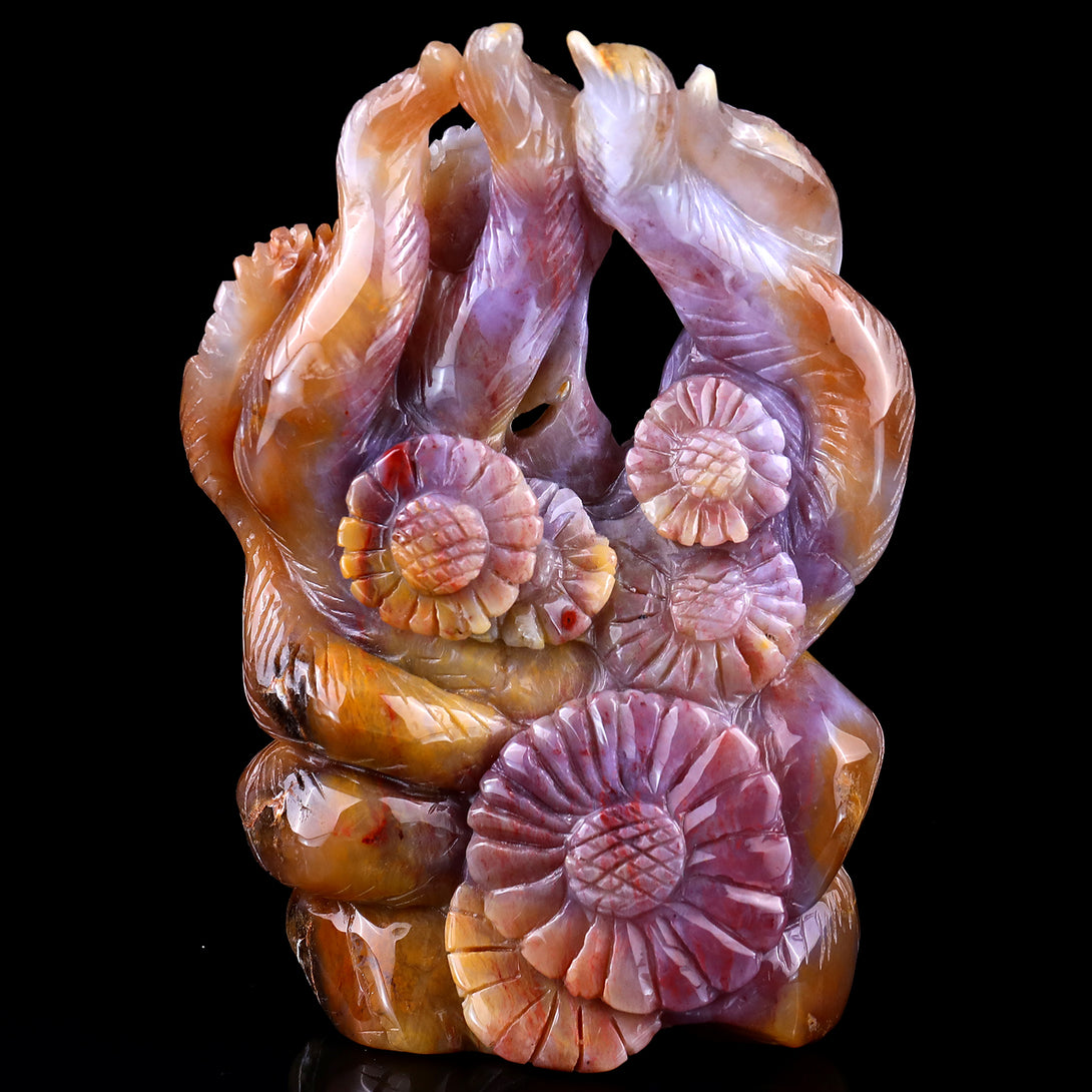 Amazing 7.1" Chalcedony Hand Carved Crystal Nine-tail Foxes Sculpture crysvibe