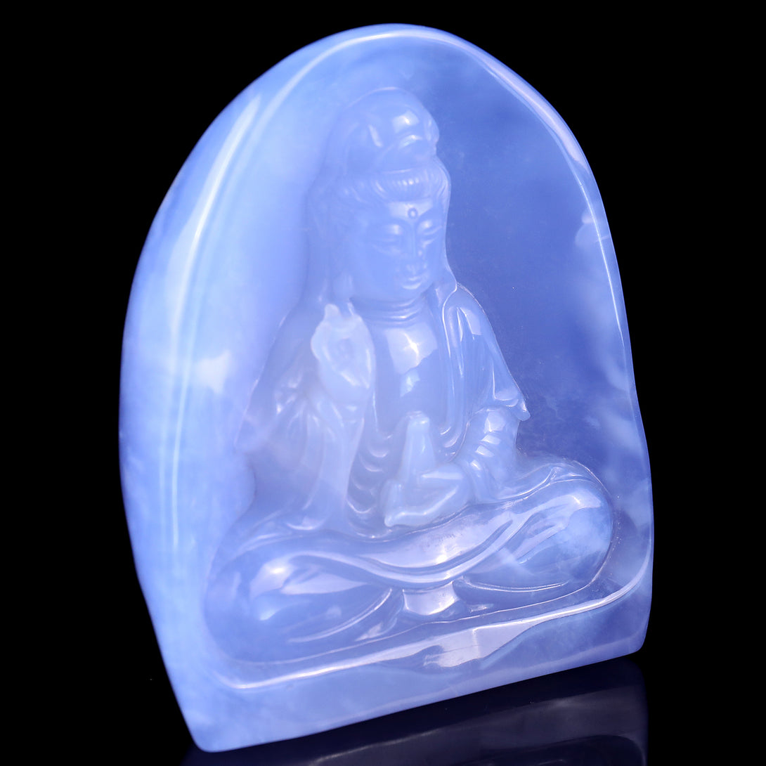 Amazing Gemstone 3.6" Blue Chalcedony Hand Carved Crystal Kwan-yin Sculpture crysvibe