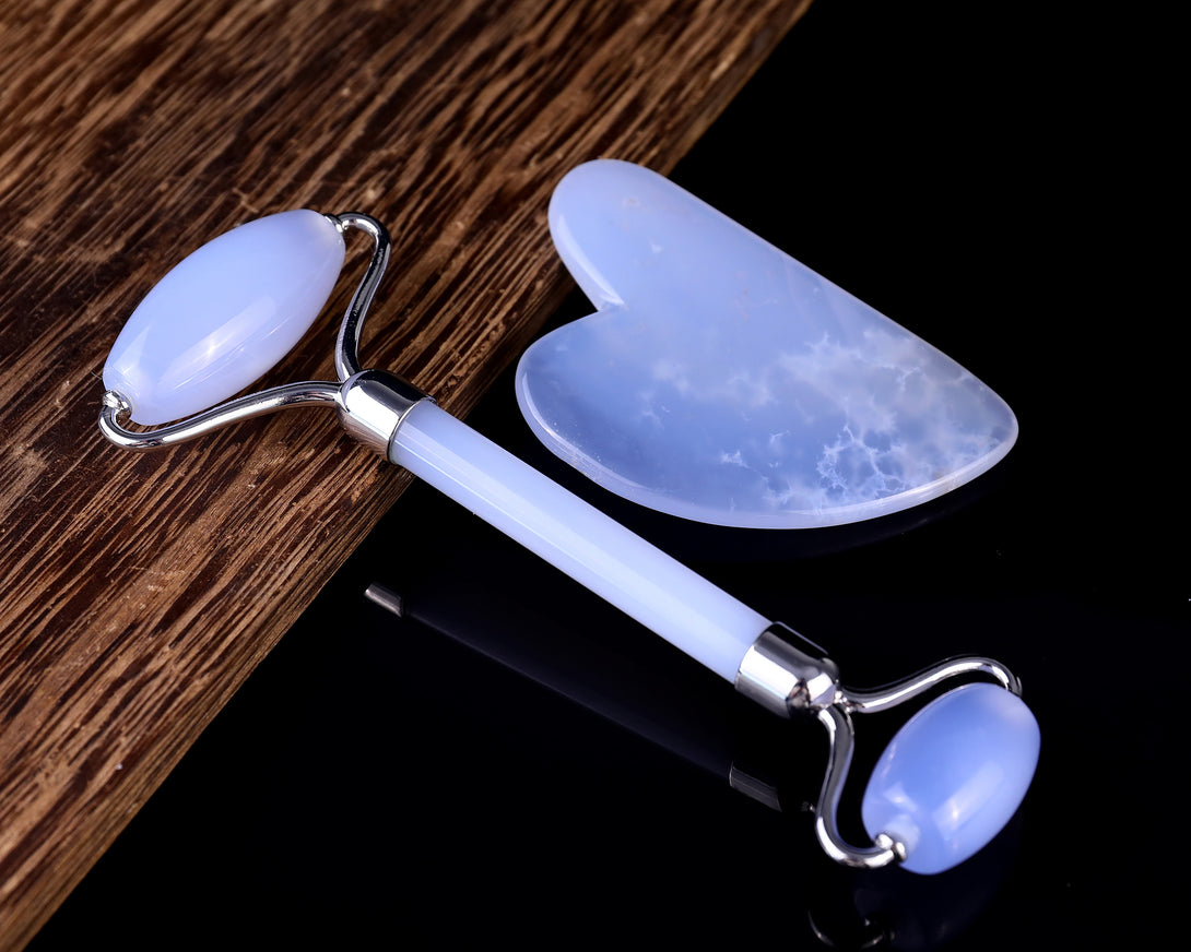 Blue Chalcedony Hand Carved Crystal Massage Tool Sets crysvibe