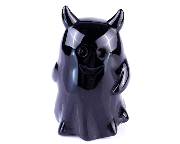 Cute 3.0" Black Obsidian Hand Carved Crystal Ghost Sculpture, Halloween Gift crysvibe