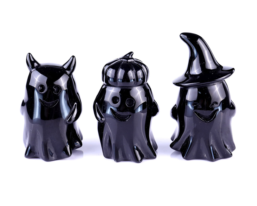 Cute 3.0" Black Obsidian Hand Carved Crystal Ghost Sculpture, Halloween Gift crysvibe