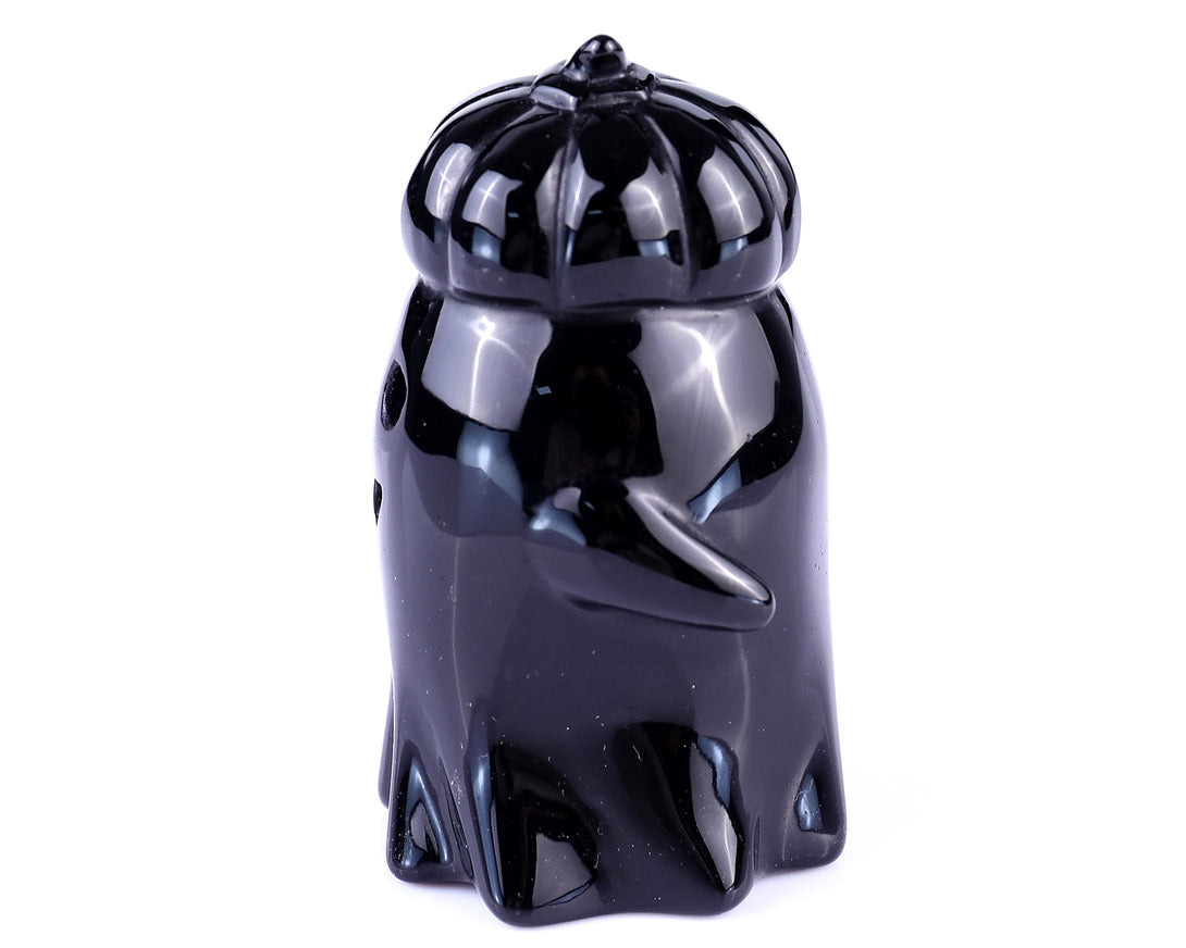 Cute 3.0" Black Obsidian Hand Carved Crystal Pumpkin Ghost Sculpture, Halloween Gift crysvibe