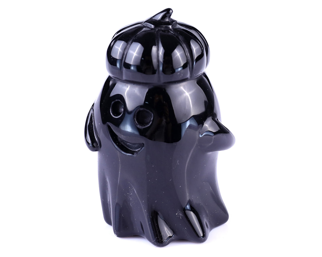 Cute 3.0" Black Obsidian Hand Carved Crystal Pumpkin Ghost Sculpture, Halloween Gift crysvibe