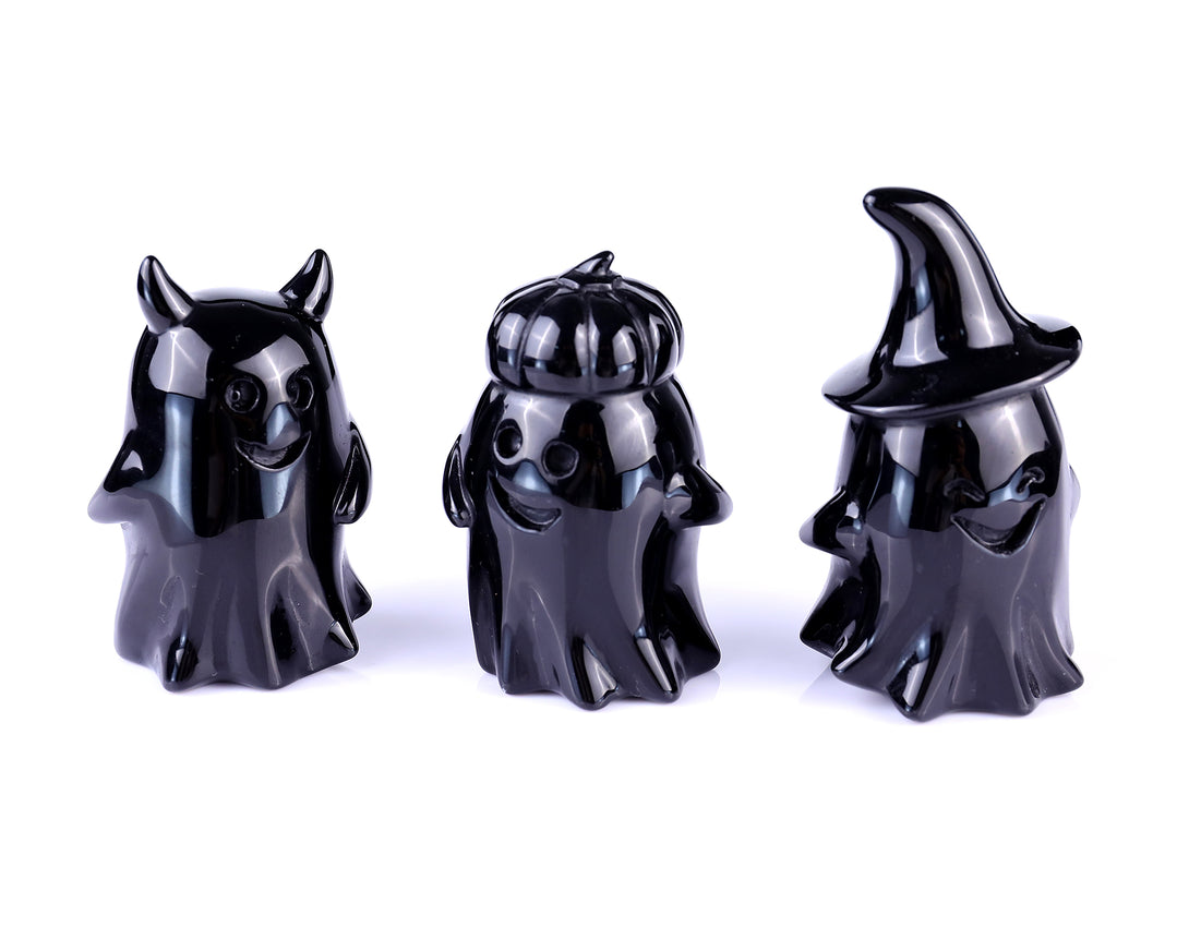 Cute 3.0" Black Obsidian Hand Carved Crystal Pumpkin Ghost Sculpture, Halloween Gift crysvibe