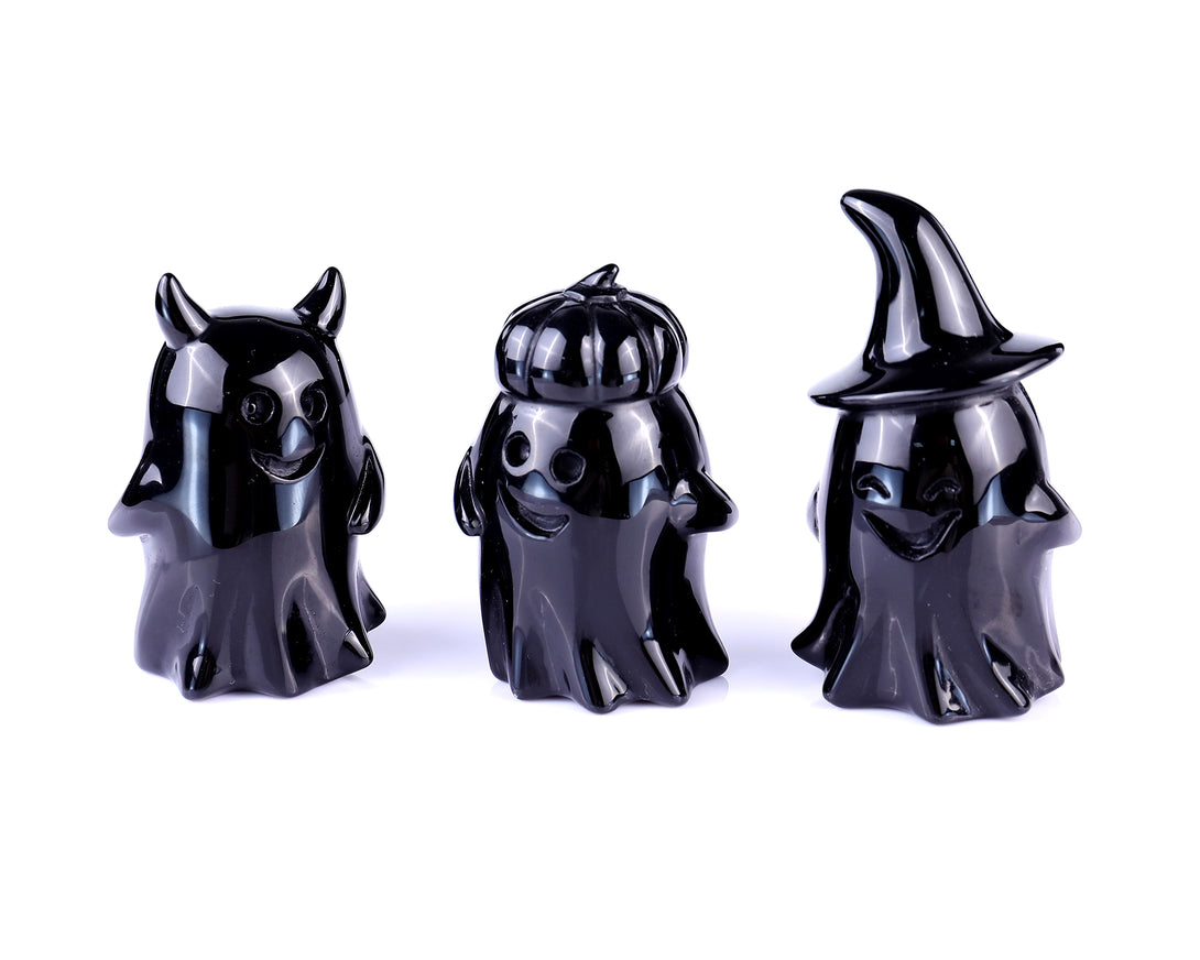 Cute 3.0" Black Obsidian Hand Carved Crystal Pumpkin Ghost Sculpture, Halloween Gift crysvibe