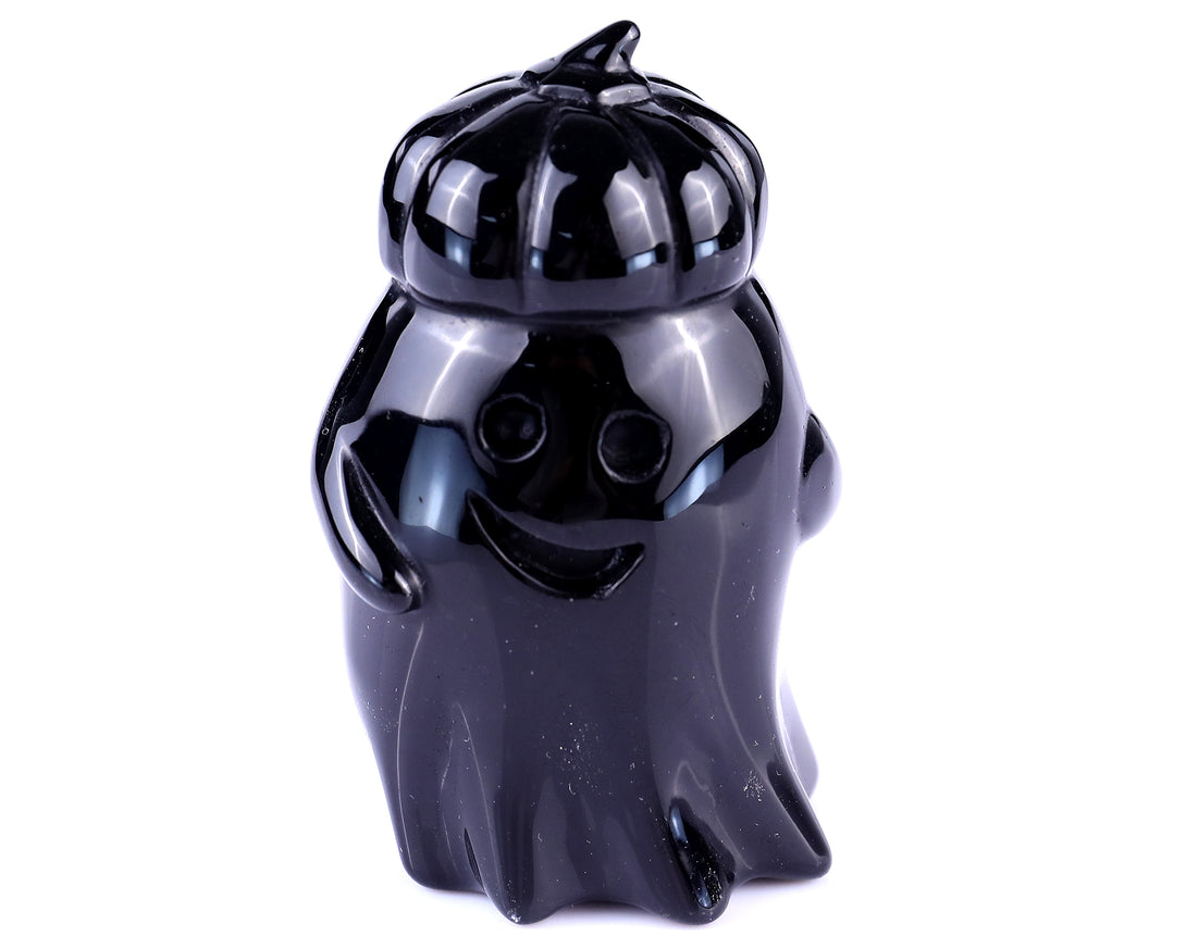 Cute 3.0" Black Obsidian Hand Carved Crystal Pumpkin Ghost Sculpture, Halloween Gift crysvibe