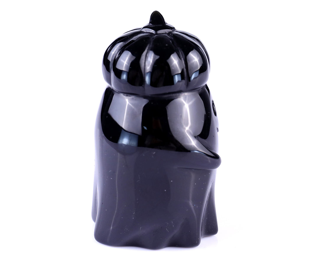 Cute 3.0" Black Obsidian Hand Carved Crystal Pumpkin Ghost Sculpture, Halloween Gift crysvibe