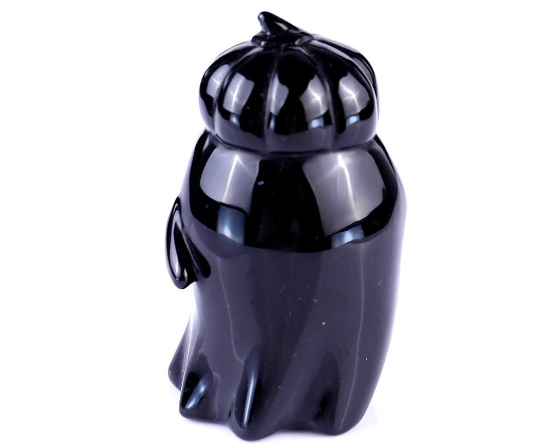 Cute 3.0" Black Obsidian Hand Carved Crystal Pumpkin Ghost Sculpture, Halloween Gift crysvibe