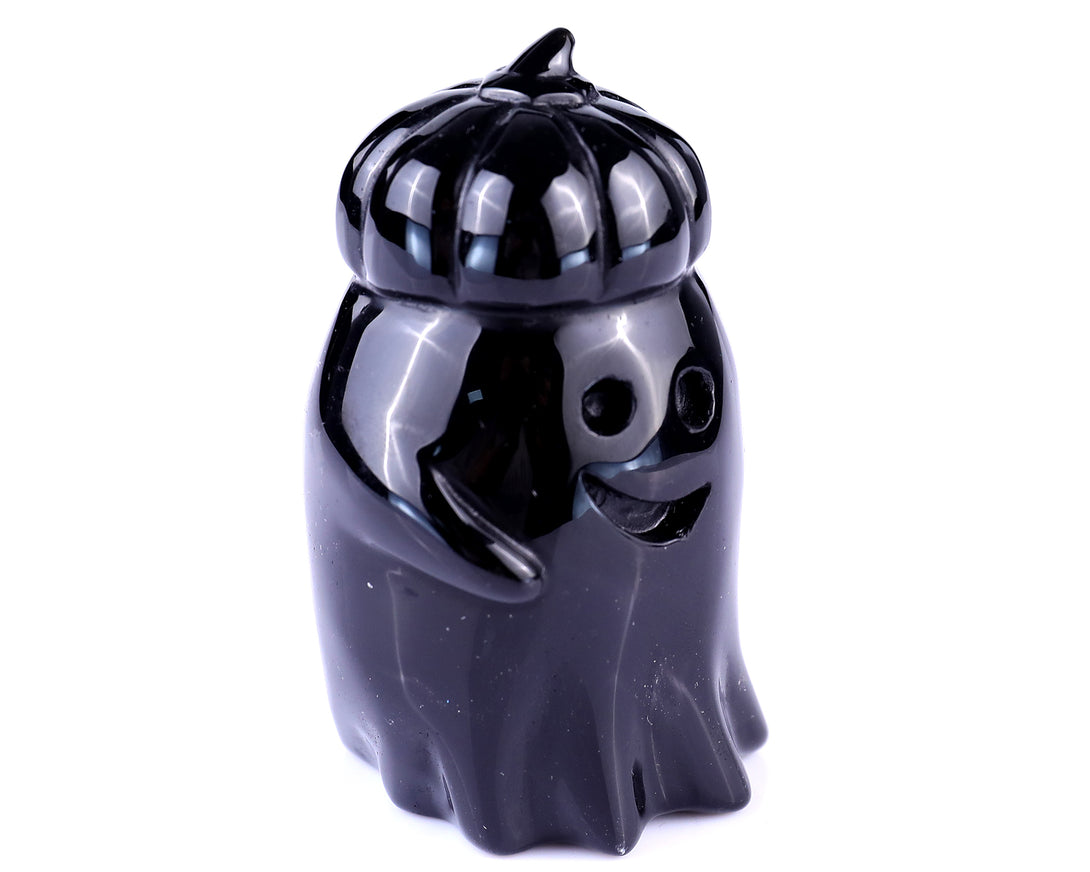 Cute 3.0" Black Obsidian Hand Carved Crystal Pumpkin Ghost Sculpture, Halloween Gift crysvibe