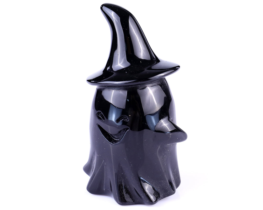 Cute 3.5" Black Obsidian Hand Carved Crystal Ghost Sculpture, Halloween Gift crysvibe