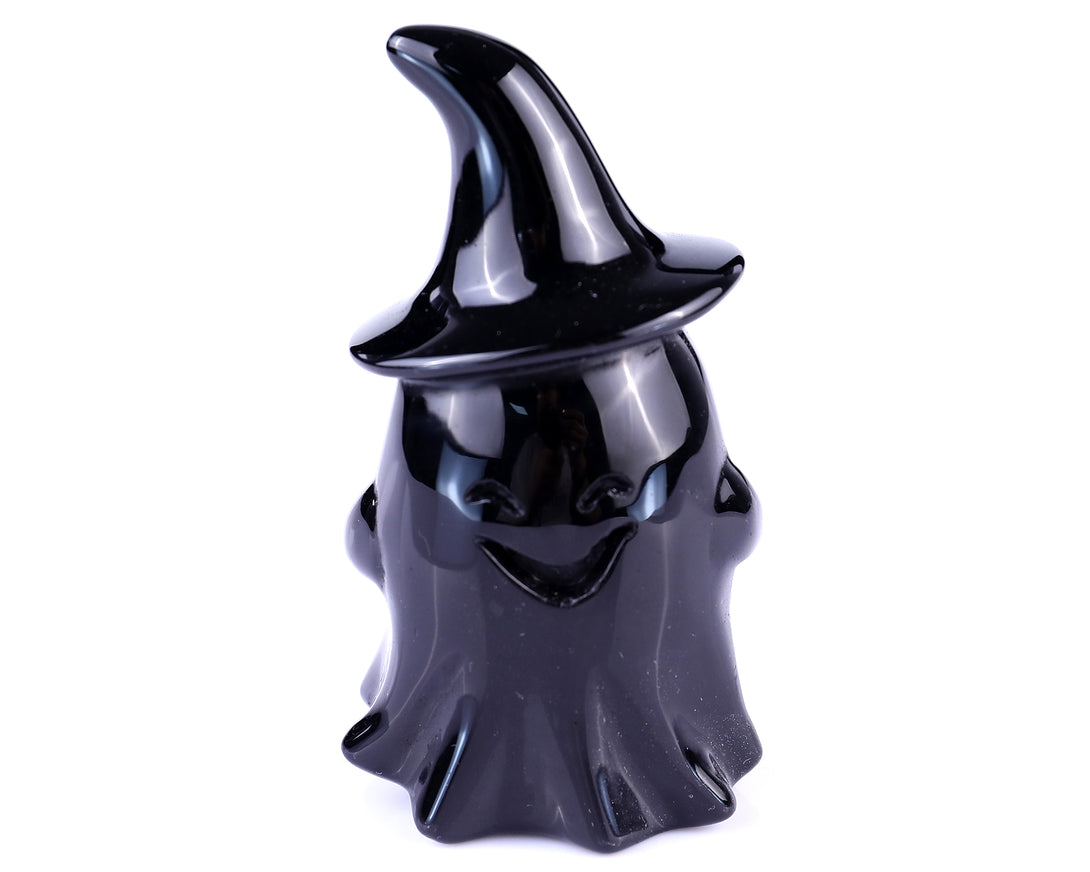 Cute 3.5" Black Obsidian Hand Carved Crystal Ghost Sculpture, Halloween Gift crysvibe