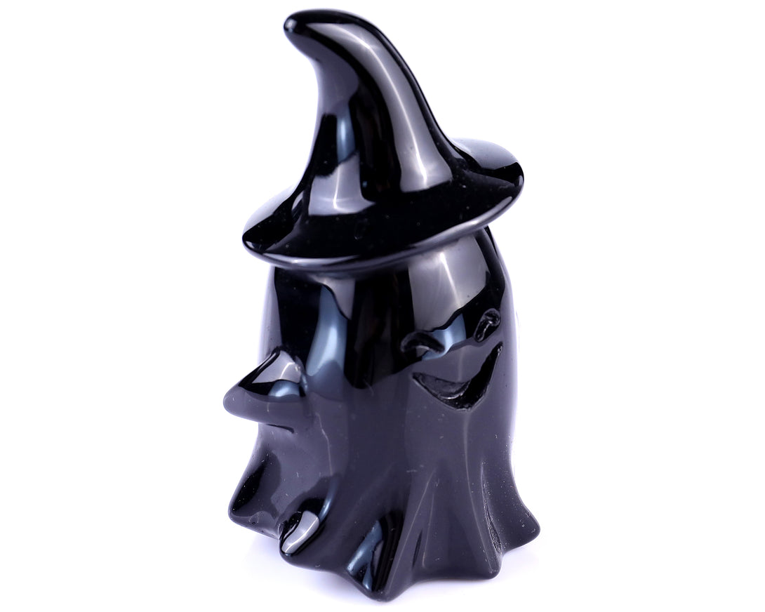 Cute 3.5" Black Obsidian Hand Carved Crystal Ghost Sculpture, Halloween Gift crysvibe