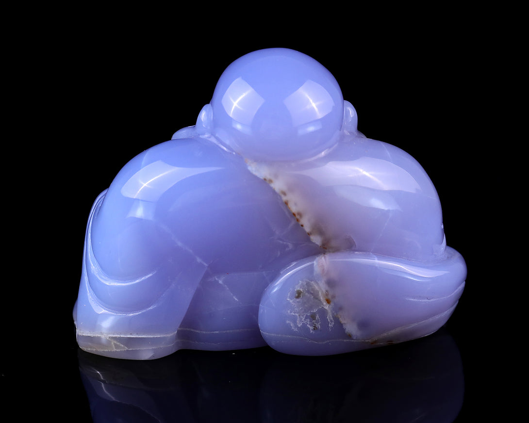 Gemstone 3.9" Blue Chalcedony Hand Carved Crystal Buddha Sculpture crysvibe