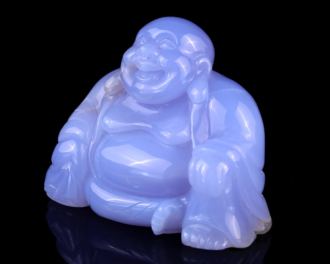 Gemstone 3.9" Blue Chalcedony Hand Carved Crystal Buddha Sculpture crysvibe