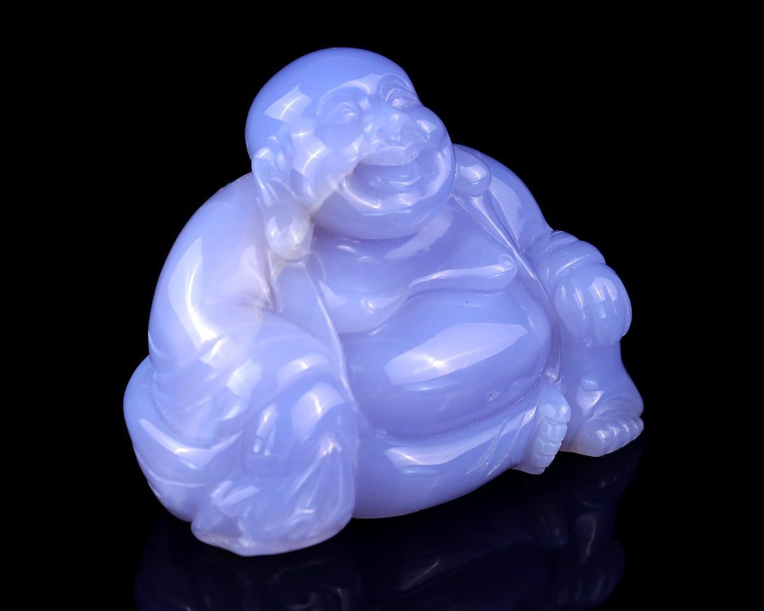 Gemstone 3.9" Blue Chalcedony Hand Carved Crystal Buddha Sculpture crysvibe