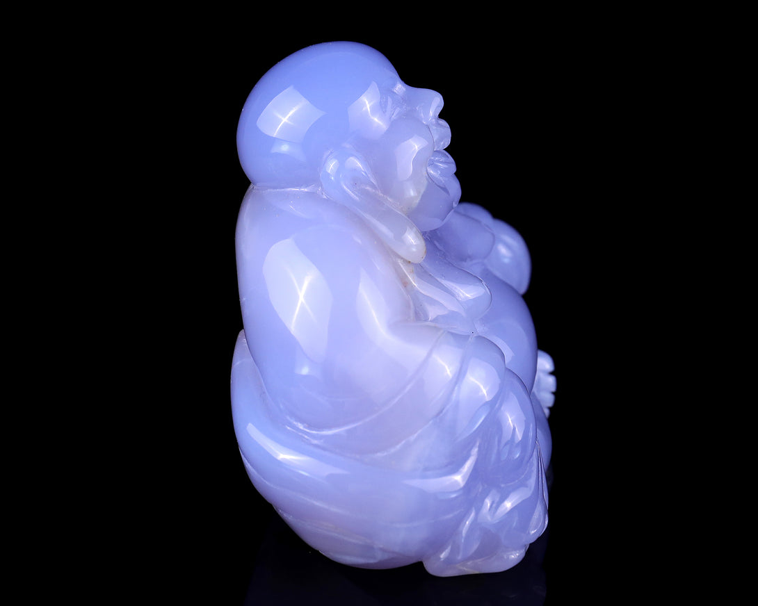 Gemstone 3.9" Blue Chalcedony Hand Carved Crystal Buddha Sculpture crysvibe