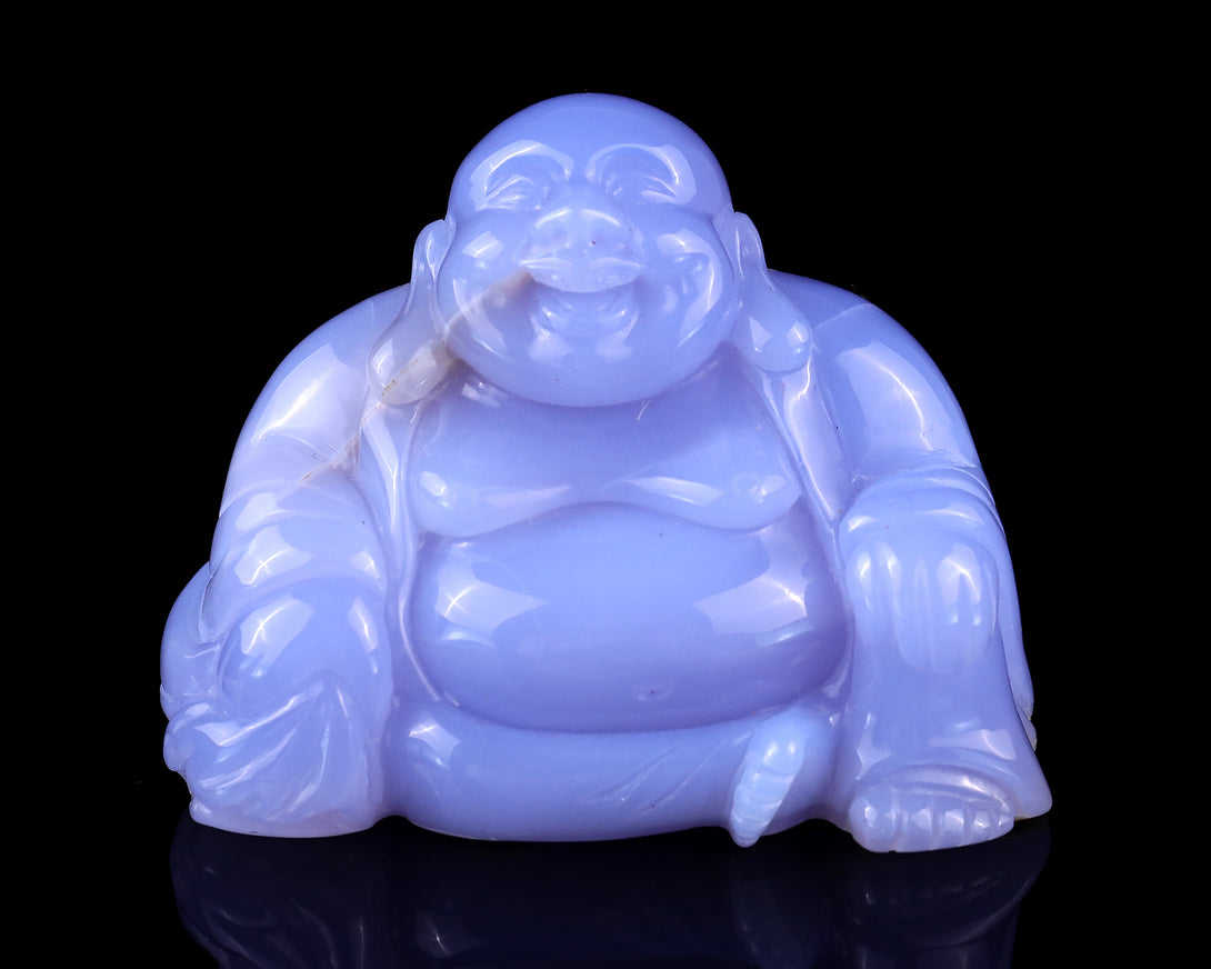 Gemstone 3.9" Blue Chalcedony Hand Carved Crystal Buddha Sculpture crysvibe