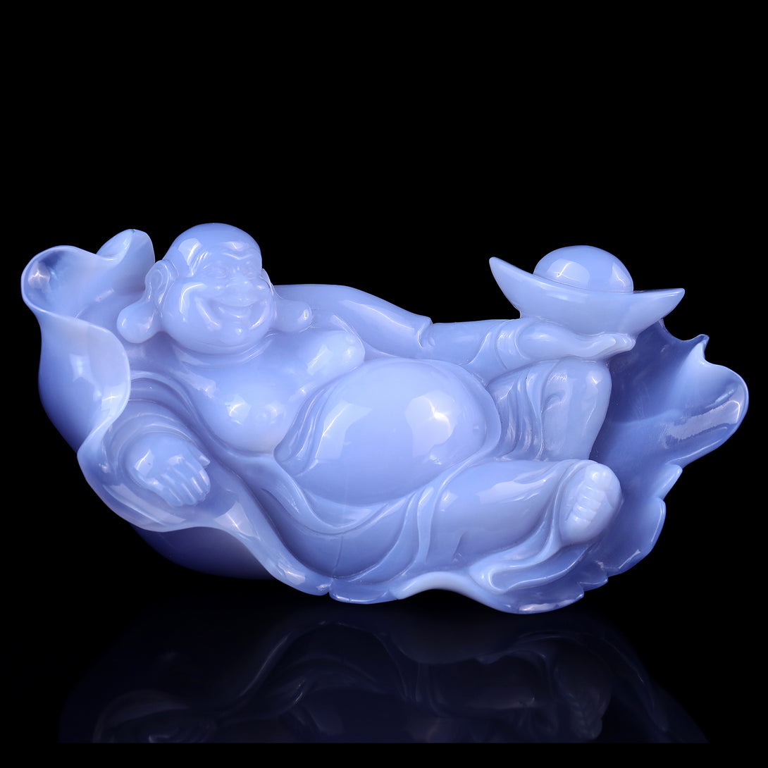 Gemstone 8.7" Blue Chalcedony Hand Carved Crystal Buddha Sculpture crysvibe