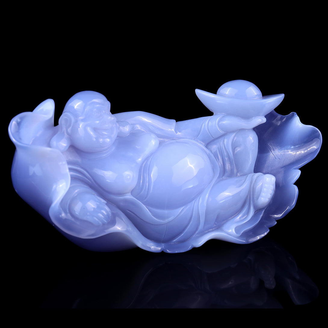 Gemstone 8.7" Blue Chalcedony Hand Carved Crystal Buddha Sculpture crysvibe