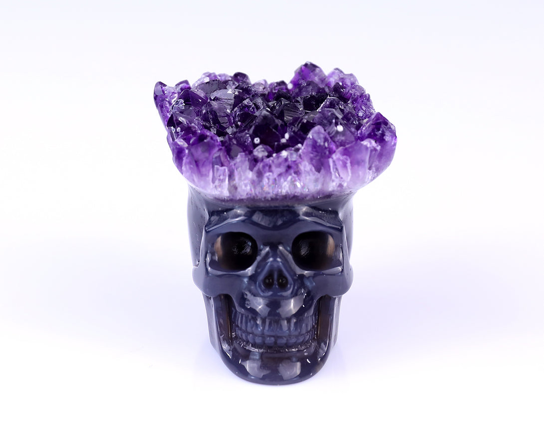 Nice 2.4" Amethyst Druse Agate Hand Carved Crystal Mineral Specimen Skull Sculpture crysvibe