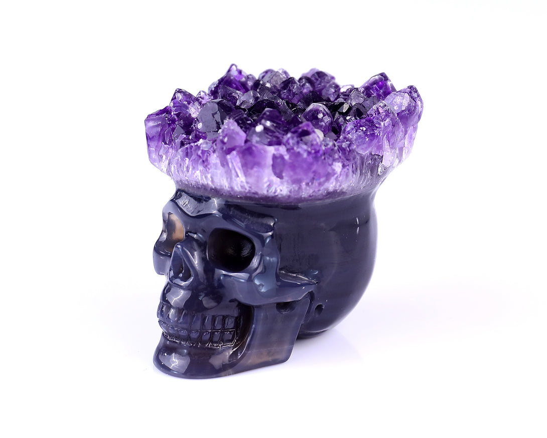 Nice 2.4" Amethyst Druse Agate Hand Carved Crystal Mineral Specimen Skull Sculpture crysvibe