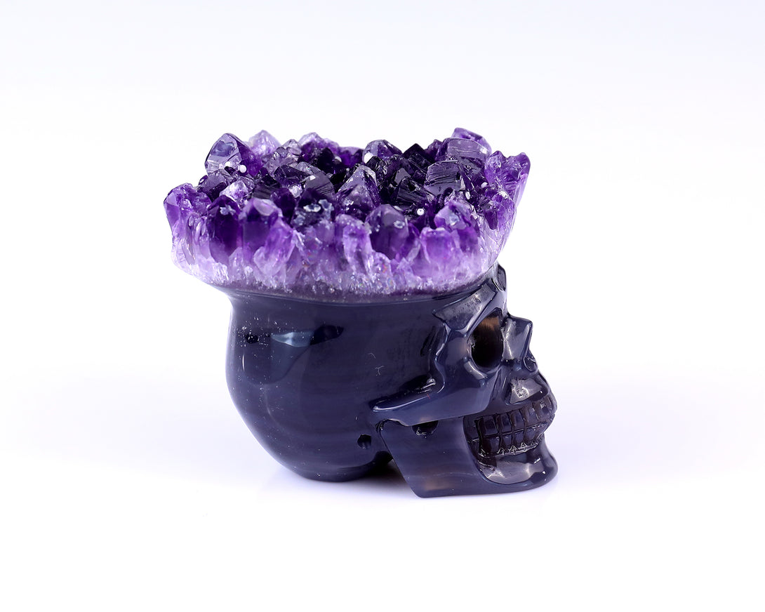 Nice 2.4" Amethyst Druse Agate Hand Carved Crystal Mineral Specimen Skull Sculpture crysvibe