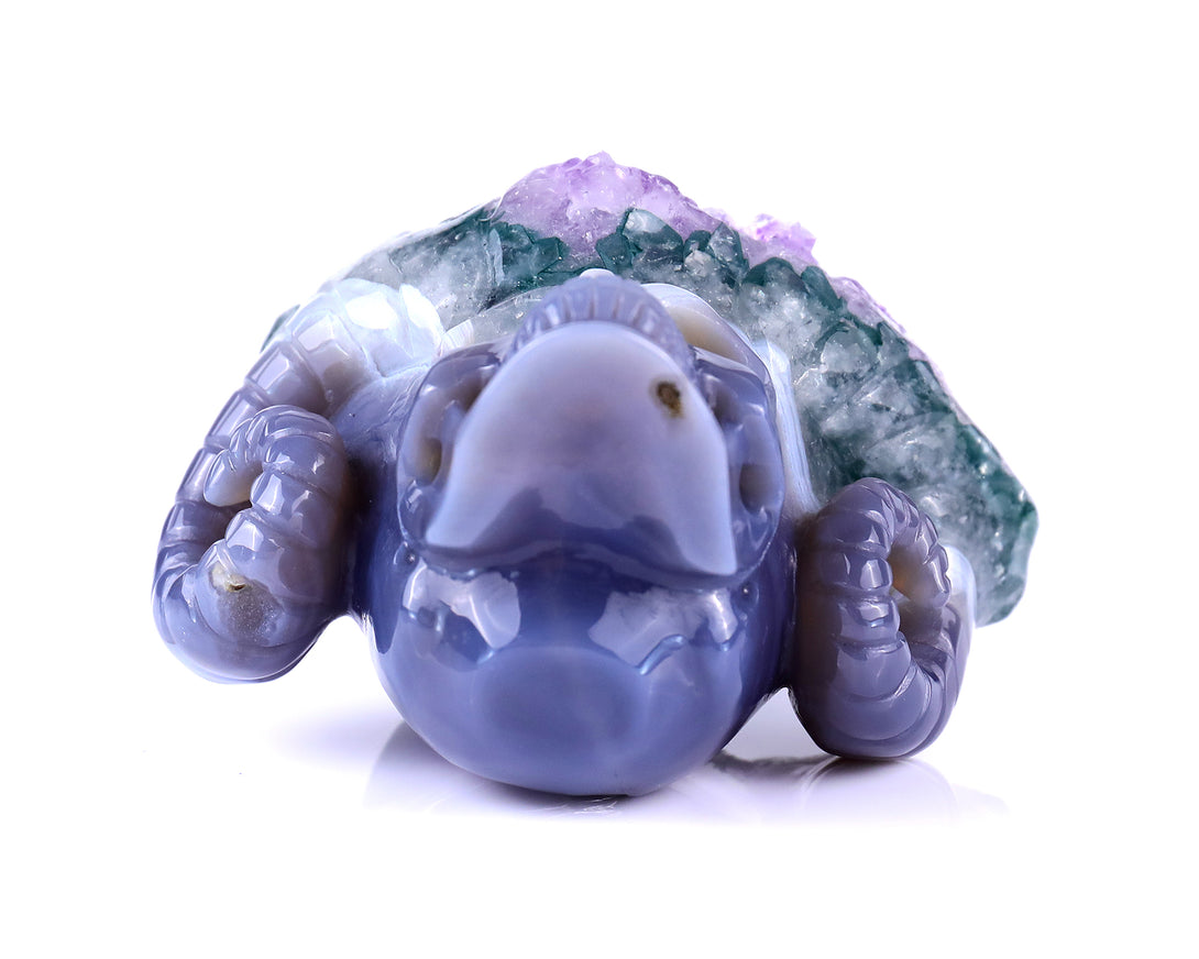 Unique 2.9" Amethyst Druse Agate Hand Carved Mineral Specimen Skull with Horn Sculpture crysvibe