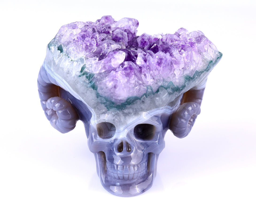 Unique 2.9" Amethyst Druse Agate Hand Carved Mineral Specimen Skull with Horn Sculpture crysvibe